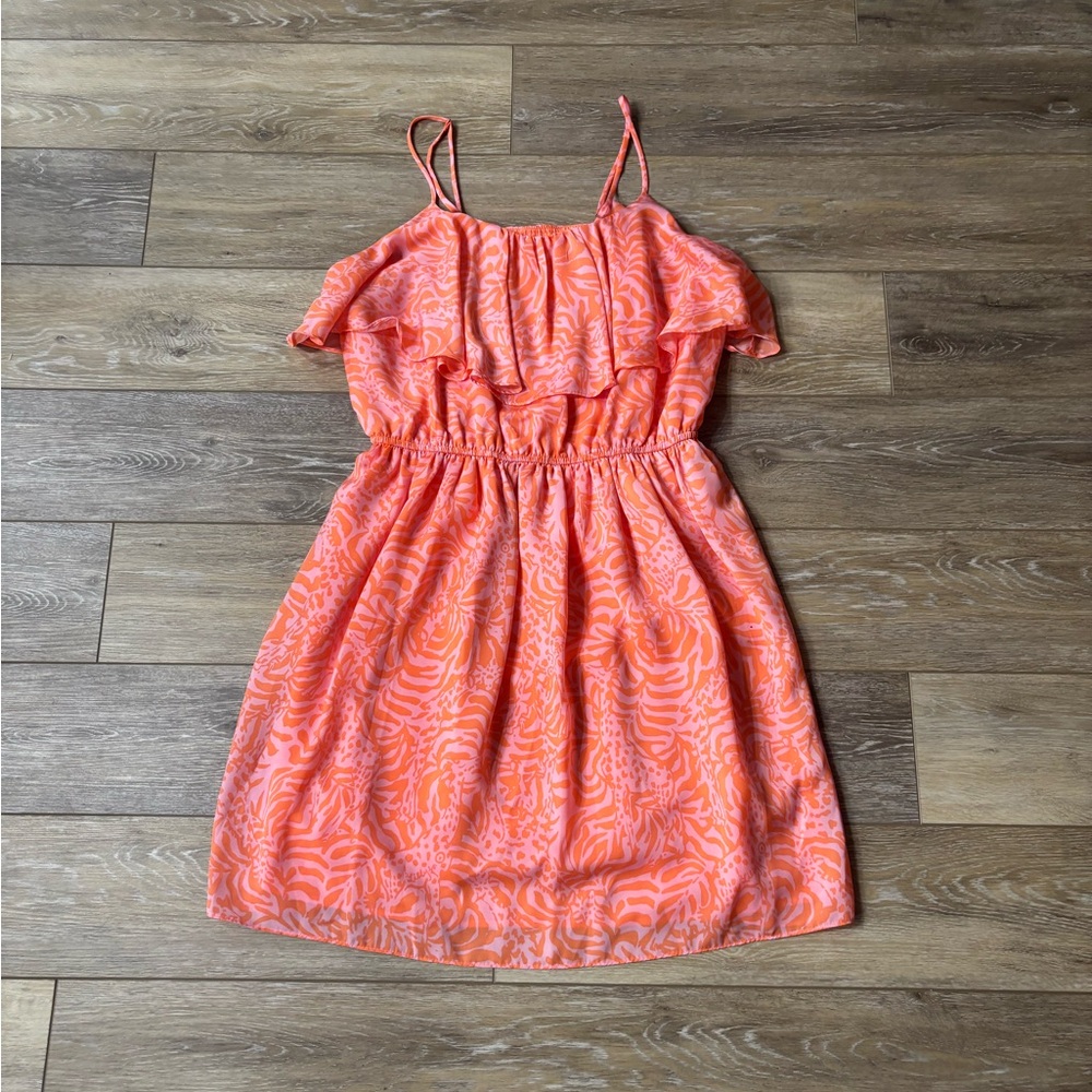 Lilly Pulitzer Target Dress Sz L Pink Orange Print Sundress Preppy Ruffle Summer